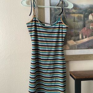 Urban Outfitters Striped Tie-Shoulder Mini Dress in Teal, Navy & Tan
